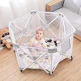 Babylaufstall, Laufgitter baby faltbar und tragbar, sechseckiger Laufstall mit atmungsaktivem Netz, Rutschfester Basis und Aufbewahrungstasche für 0-4 Jahre, Für drinnen und draußen geeignet(Grau)