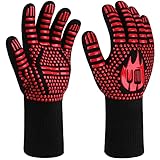 HONGTAISHENG Grillhandschuhe Hitzebeständig 800°C mit Rutschfester Silikonbeschichtung, Als Kochhandschuhe Backofenhandschuhe Backhandschuhe Ofenhandschuhe für Backen Grillen Kochen (Rot)