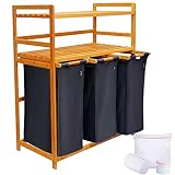 AdealDream Wäschekorb 150 l 3 Fächer 2 Regale ausziehbarer und abnehmbarer Wäschesack Wäschesammler Bambusrahmen Wäschebox laundry baskets Wäschesortierer Bambus