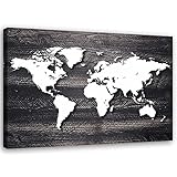 Feeby Bild Auf Leinwand Selbstmontage DIY Erdkunde Kontinente Weltkarte 180x130 cm Wand Bild Kunstdruck Deko Wohnzimmer Wohnungs Deko Konturenkarte Abstraktion Erde schwarz-weiß