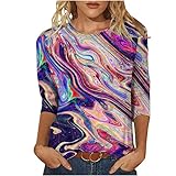 DIYIOUZHOU Tshirts Mädchen 3/4 Ärmel Mode Weich Tshirts übergröße Loose Sport Rundhal Unterhemd Damen Baumwolle Herbst Print Lila