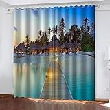 Vorhänge Wohnzimmer Modern Blickdicht 2Er Set 3D Tropischer Strand, Holzbrücke, Meerblick Muster Schlaufenschal Verdunkelungsvorhang Vorhänge Lärmminderung Gardinen Fensterdekoration 140X110cm(HxB)