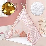 Tiny Land Tipi Kinderzimmer Spielzelt für Kinder mit Matte & Lichterkette drinnen draußen - Segeltuch Kinder Zelt (Rosa Chevron Chevron 160cm Hoch )