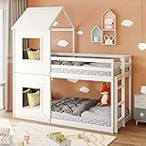 Moimhear 90x200cm Kinderbett Etagenbett Hausbett, Bodentief, mit Leiter & Baldachin (Weiß)