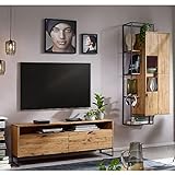 Lomadox Mediawand Schrankwand - Fernsehschrank mit Hängevitrine - in Wildeiche massiv geölt mit LED Beleuchtung, B/H/T ca. 220/200/40 cm