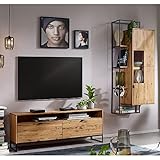 Lomadox Mediawand Schrankwand - Fernsehschrank mit Hängevitrine - in Wildeiche massiv geölt mit LED Beleuchtung, B/H/T ca. 220/200/40 cm