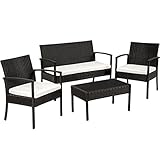 TecTake Poly Rattan Sitzgruppe, Gartenset mit 2 Stühlen, Bank + Tisch mit Glasplatte, Lounge Set für Garten, Terrasse und Balkon (Schwarz)