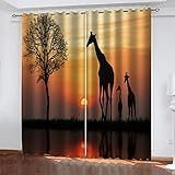 Verdunklungsgardinen Wohnzimmer 2 Stücke 164X200cm(HxB) 3D Giraffe In Der Prärie In Der Abenddämmerung Muster Blickdicht Vorhang Schlafzimmer Kinderzimmer Küche Thermogardine Schallschutz Ösenvorhang