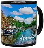 vanVerden Schwarze Tasse - Hauptstadt Amsterdam Skyline Aquarell Niederlande - durchgängig Bedruckt Städtetasse - Geschenk Idee Kaffeetasse, Farbe:Schwarz