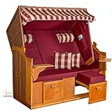 LILIMO - Strandkorb OSTSEE XXL | 2-3 Sitzer | Bausatz | Geflecht: Natur, Bezug: Bordeaux, Bordeaux/Natur Kariert | Volllieger inkl. Schutzhülle | Model BUA