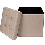 Theo&Cleo Leinen Sitzhocker mit Stauraum 38 x 38 x 38 cm Faltbar Fußbank Truhen Aufbewahrungsbox (Beige)