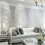 EBTOOLS Vliestapete 3D Luxus Kunst Design Wandpapier Barock geprägt Stil Vlies Premium Deko Wand Papierrollen, silber