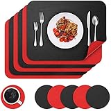 BANNIO Tischsets Abwaschbar, 6er Set Zweifarbig Platzset und Untersetzer, Platzsets abwischbar Tischset leder Platzdeckchen Tischuntersetzer Lederoptik für Hause Küche Restaurant, 41x31cm, Schwarz&Rot