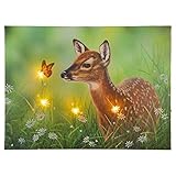 Nexos Trading LED Wandbild Leinwandbild mit Beleuchtung Fotodruck Rehkitz 30x40 cm 4 LED warm weiß mit Timer Kunstdruck Leuchtbild Wiese Vintage-Stil Reh