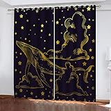 Vorhänge Wohnzimmer Modern Blickdicht 2Er Set 3D Abstrakter Goldener Hai Muster Schlaufenschal Verdunkelungsvorhang Vorhänge Lärmminderung Gardinen Fensterdekoration 160X150cm(HxB)