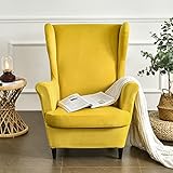 Samt Stuhlbezug für Rückenlehne 2 teiliges Set – 2 in 1 Design solide weiche Flügel-Rückenlehne Armlehnen Stuhlhussen, Stretch-Stuhlbezug, Möbelschutz für Wohnzimmer, Schlafzimmer, Hotel (Kurkuma)