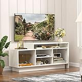 KEEPREAPER TV Schrank Lowboard weiß mit Stauraum in Wohnzimmer, Tv Board 110-160cm Breit ausziehbar, TV-Ständer modern für bis 65 Zoll TV, Matt Weiß, 110-160X35X48cm