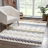 carpet city Teppich Hochflor Wohnzimmer - 200x290 cm - Boho-Stil Ethno Creme Multi - Cut-Loop, Hochtief, 3D-Effekt - Shaggy Teppiche Flauschig-Weich Schlafzimmer Langflor