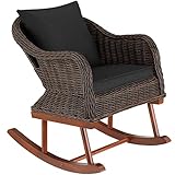 TecTake Rattan Schaukelstuhl mit Armlehnen, Outdoor Schaukelsessel, 57,5 x 85 x 73 cm, Gestell aus Aluminium & Holz, Relaxsessel für Garten Terrasse Balkon, inkl. Sitzpolster und Rückenkissen (braun)