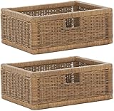 Stabiles Set / 2 Regalkorb mit Holzrahmen Schubfach aus echtem Rattan/Schübe Box zur Aufbewahrung Regalkorb Schrankkorb Griff (Braun - Hell, Set 42x32x17)