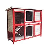 Wiltec Hasenstall mit Zwei Ebenen & Treppe, ausziehbarer Boden, aus Holz, Rot-Weiß