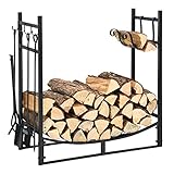 COSTWAY Kaminholzregal mit 4 tlg. Kaminbesteck Set, Brennholzregal Metall Kaminholzständer Kaminzubehör, Feuerholzregal Kamingarnitur schwarz (76 x 33 x 76 cm)