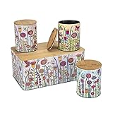 WENKO Brotkasten Brotbox Garden aus Metall mit luftdichten Bambus Deckel rechteckig, inkl. 3-er Set Vorratsdose Aufbewahrungsdosen zur Lebensmittelaufbewahrung für Küche, Wohnzimmer und Badezimmer