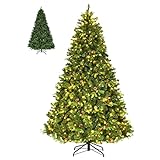 GYMAX künstlicher Weihnachtsbaum 225 cm, Tannenbaum mit 1125 Spitzen, Christbaum mit 540 LED Beleuchtung in warm weiß, inkl. Metallständer, mit 159 PE-Blättern & 71 Tannenzapfen, Grün