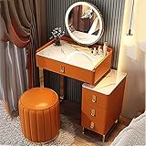 BUJOG Schminktisch mit Lichtern in 3 Farben, Schminktisch mit Schminkhocker, Schminktisch mit Spiegel und Lichtern, Schminktisch mit Schubladen und Seitenschrank für Frauen und Mädchen (Farbe: Ora