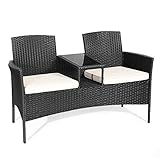 COSTWAY Polyrattan Gartenbank, 2-Sitzer Gartenmöbel Set mit Tisch & Kissen, 138 x 61 x 85 cm, Rattan Sitzbank wetterfest, Balkonmöbel für Garten, Balkon (Weiß)