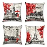 Artscope 4er-Set Dekorativ Kissenbezug 45 x 45 cm, Polyester Leinen Kissenbezüge Dekokissen Kissenhülle Set Kissen Fall für Sofa Auto Schlafzimmer Zuhause Dekor (Paar Rot)