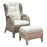 Mojawo Luxus Relaxsessel Korbsessel Ohrensessel mit Fußhocker aus Rattan, inkl. Polster in beige Gartensessel Rattansessel mit Hocker