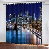 Gardinen Mit Ösen Schlafzimmer Verdunkelungsvorhang 3D New York Bridge Nachtansicht Muster Blickdicht Vorhang, Wohnzimmer Fensterdekoration Thermogardine 2 Stücke 220X264cm(HxB)