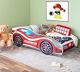 Alcube® Autobett 80x160 cm PKW Feuerwehr mit Lattenrost und Matratze MDF beschichtet - mit Motivfolie beklebtes Spielbett Kinderbett 160x80 cm für kleine Feuerwehrleute - Rot