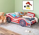 Alcube® Autobett 80x160 cm PKW Feuerwehr mit Lattenrost und Matratze MDF beschichtet - mit Motivfolie beklebtes Spielbett Kinderbett 160x80 cm für kleine Feuerwehrleute - Rot