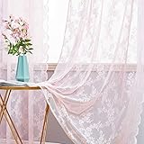 MIULEE Gardinen Spitze-Wunderschöne Rosa Blumen Bestickte Spitzengardinen, 2er Set Transparent Vorhang Spitze Vintage, Voile Spitzenvorhänge mit Ösen für Wohnzimmer Schlafzimmer Dekor, 2X H260xB150cm