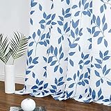 Transparent Gardinen Navy Blau Blätter auf Weiß Voile Gardinen mit Ösen Transparent Vorhänge Muster Durchsichtige Vorhänge für Dekoration Wohnzimmer Schlafzimmer Kinderzimmer,2 Stücke(140 x 180 cm)