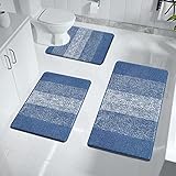 Enyhom Badteppich Set 3 Teilig Weich Hochflor Duschteppich Badematte Toilettenmatte Maschinenwaschbar rutschfeste wc Teppich Set Badvorleger Badezimmerteppich, Blau