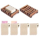 Shineyoo 2 Stück Seifenschale Holz mit 4 Stück Sisal Seifensäckchen Natürliche Handgefertigter Seifenhalter Seifenablage für Gesicht Körperdusche