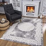 SANAT Teppiche für Wohnzimmer - Teppich Grau, Kurzflor Orientteppich, Öko-Tex 100 Zertifiziert, Größe: 80x150 cm