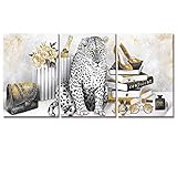 Welmeco 3 Stück Fashion Charm Poster schwarz und weiß gold abstrakt Leopard Wandkunst Dekor High Heel Schuhe Parfüm Leinwand Prints Poster fertig zum Aufhängen für Mädchen Schlafzimmer Wohnzimmer