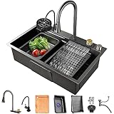 Gunmetal Grey 304 Edelstahl-Arbeitsplatzspüle, Wasserfall-Küchenspüle mit herausziehbarer Mischbatterie, große Einzelbeckenspüle für die Küche mit mehreren Zubehörteilen (68 x 45 cm)