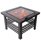 Feuerstelle im Freien, Gartenterrasse, Holzfeuerstelle, Schüssel, quadratischer Grilltisch, Terrasse, Terrasse, Rasen, Hinterhof