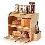 GUUSII HOME Brotkasten Holz Bambus Gross Retro Eco Brotbox Rolldeckel Doppellagig Stapelbar Brot Aufbewahrungsbox Größe 38x25x36cm Brotkästen Matt Natur für Frischhalten und Lecker Brot