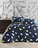 Questo Casa, Bedrucktes gestepptes Tagesdecken-Set für Einzelbett, 100% Baumwolle, Gesteppte Tagesdecke: 180 x 225 cm (1 Stück), Kissenbezug 50 x 70 cm (1 Stück), Marineblau