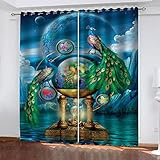 GSKOQD Vorhang Blickdicht Vorhänge Verdunkelungsvorhang Gardinen Mit Ösen Wohnzimmer Schlafzimmer Thermovorhang 3D Kreativer Grüner Pfau Muster Ösenschal 2Er Set Fensterdekoration 140X160Cm (B X H)