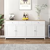 Moimhear Sideboard mit weißer Holzmaserung, Vier Türen, mit DREI Schubladen, Wohnzimmer, Esszimmer. Holzfarbe und Weiß160 L x 37 B x 75H(cm)