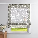 CORLIF Raffrollo Leinenoptik mit Klettband Küche Raffgardine Blätter-Druck Fenster Bändchenrollo Transparenter Kurz Vorhang Landhausstil B/H 120/140 cm Braun