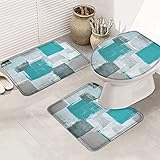 3 Teiliges Badteppich Set Wassergrüne Graue Weiße Geometrie-Patchwork-Abstrakte Malerei Weiche Kontur Badteppich Langlebige Toilettensitzbezug Badvorleger