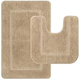 Pauwer Microfaser Weiches Badematten Set 2 teilige, Saugfähiges Badteppich rutschfeste Waschbare Badematten und WC Vorleger Badvorleger (Beige, 53 x 86 cm + 50 x 50 cm)